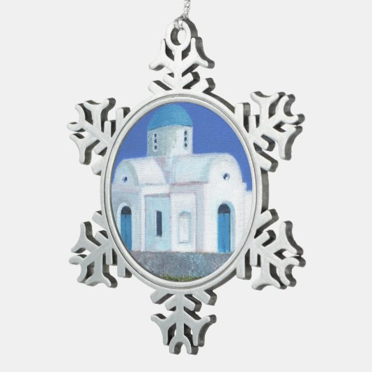Blauwe en witte Grieks-Cypriotische kerk Tin Sneeuwvlok Ornament (Rechts)
