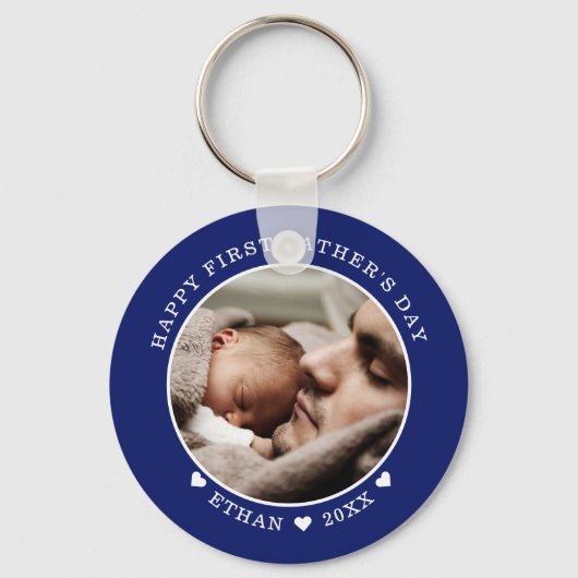 Blauwe en witte Happy First Vaderdag Foto Sleutelhanger (Voorkant)