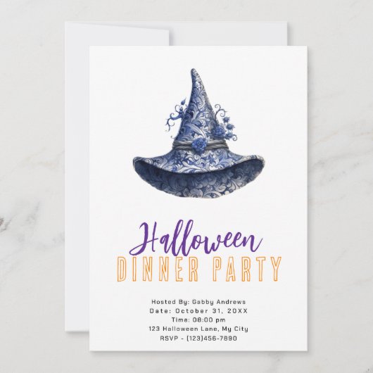 Blauwe en witte heksen Pet Halloween Diner Party Kaart (Voorkant)