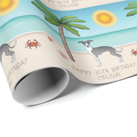 Blauwe en witte hond bij een tropische zomerbak cadeaupapier (Rol Hoek)