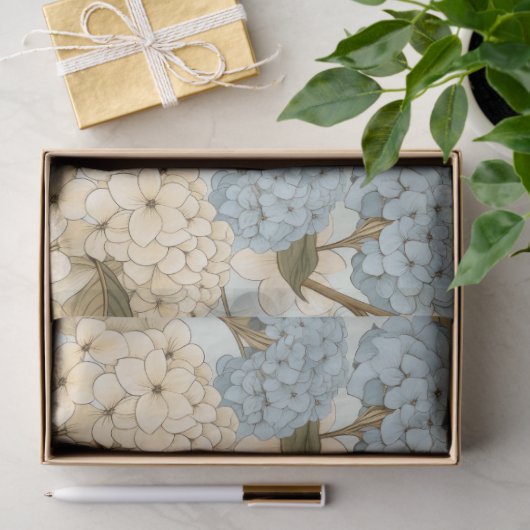 Blauwe en witte Hydrangea bloemen, en groene blade Tissuepapier (Geschenk)