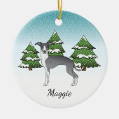 Blauwe en witte Italiaanse windhond in het winterb Keramisch Ornament (Voorkant)