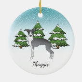 Blauwe en witte Italiaanse windhond in het winterb Keramisch Ornament (Achterkant)