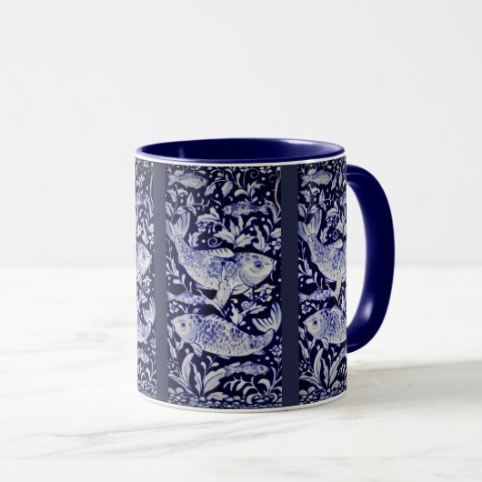 Blauwe en witte kabeljauw vis Indigo Intricate Mok (Voorkant rechts)