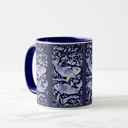 Blauwe en witte kabeljauw vis Indigo Intricate Mok (Voorkant links)