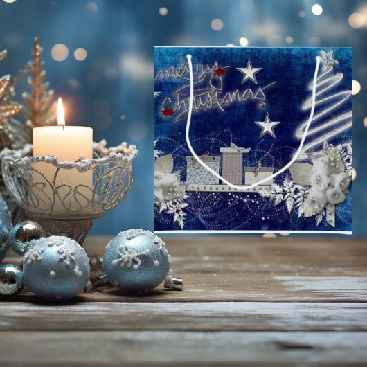 Blauwe en witte kerst met Rozen cadeautas