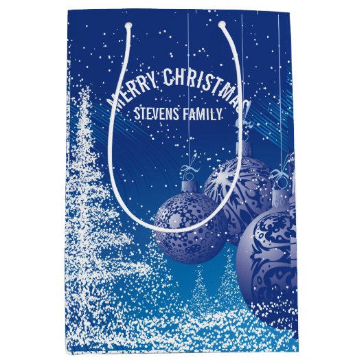 Blauwe en witte kerstbomen en Ornamenten Medium Cadeauzakje (Voorkant)