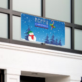 Blauwe en witte kerstsnowman Winter Scene Spandoek (Buitenkant Gebouw)