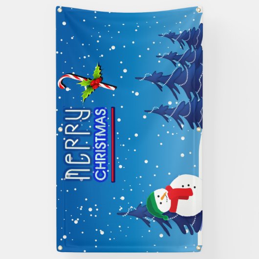 Blauwe en witte kerstsnowman Winter Scene Spandoek (Verticaal)