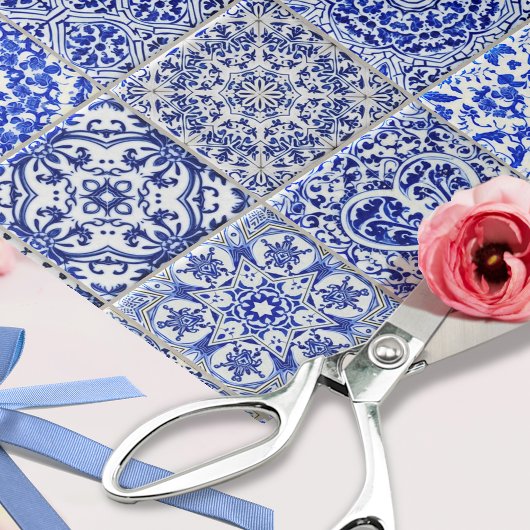 blauwe en witte keuken Tegels collage Tissuepapier