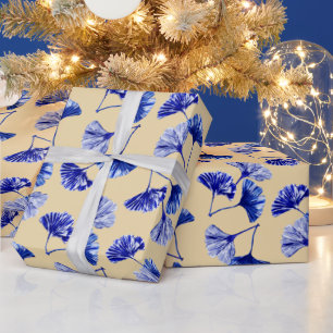 Blauwe en witte kiekenbladeren cadeaupapier