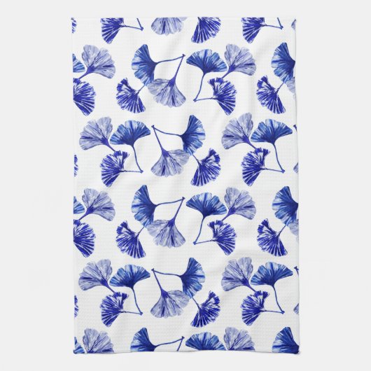 Blauwe en witte kiekenbladeren theedoek (Verticaal)