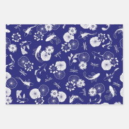 Blauwe en witte koi vis in het Lotus Pond Pattern Inpakpapier Vel
