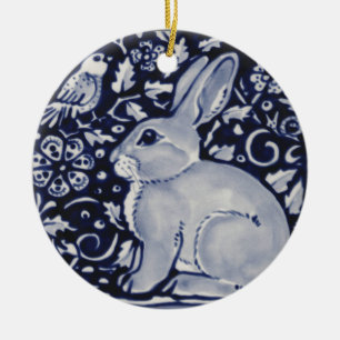 Blauwe en witte konijn met vogeltegel keramisch ornament