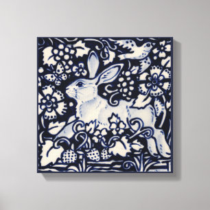 Blauwe en witte konijn Summer Floral Bird Chinois  Canvas Afdruk