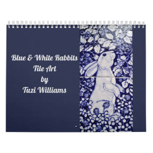 Blauwe en witte konijn Tile Art Calendar Cobalt Na Kalender