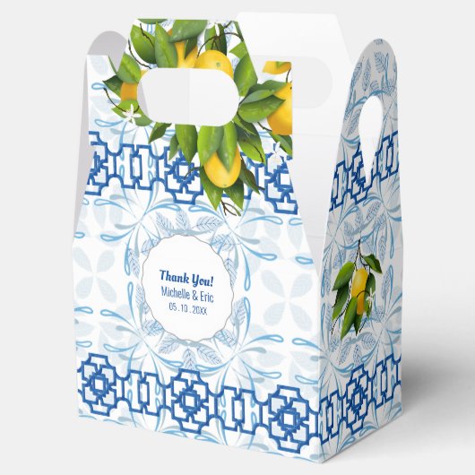 Blauwe en witte Lemon Mediterrane bruiloft Bedankdoosjes (Geopend)
