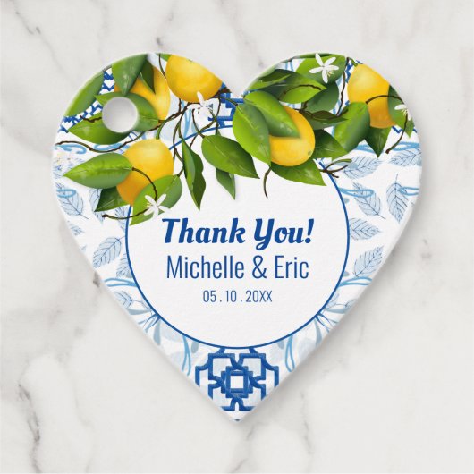 Blauwe en witte Lemon Mediterrane bruiloft Bedankjes Labels (Voorkant)