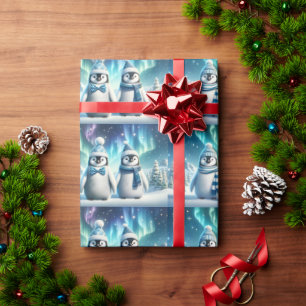 Blauwe en witte Majestic Kerstmis Pinguïns Cadeaupapier