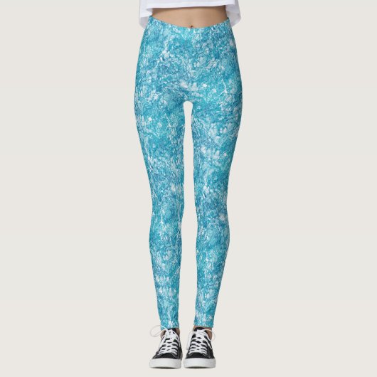 Blauwe en witte marmertextuur leggings (Voorkant)