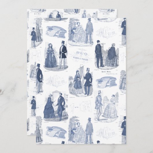 Blauwe en witte  Mode Franse toile Kaart (Voorkant / Achterkant)