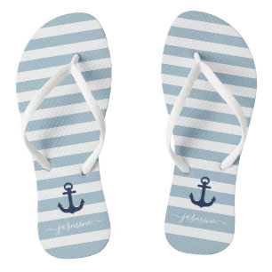 Blauwe en witte Nautical Stripe Naam Teenslippers