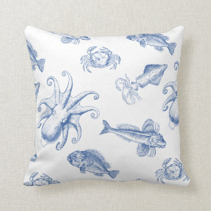 Blauwe en Witte Octopus, Pijlinktvis, Krabben en Kussen