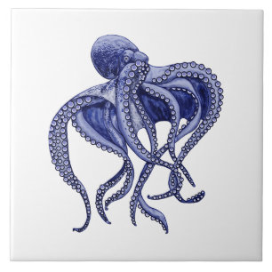 Blauwe en witte octopus tegeltje