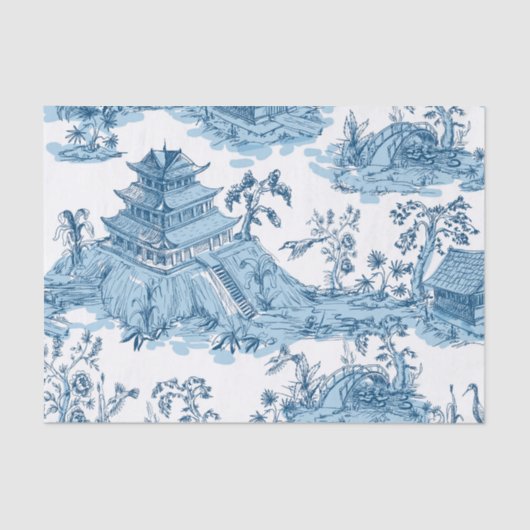  Blauwe en Witte Pagoda Chinoiserie Tissuepapier (Voorkant)
