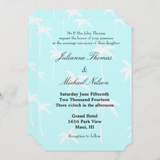 Blauwe en witte palmbomen bruiloft kaart (Voorkant / Achterkant)