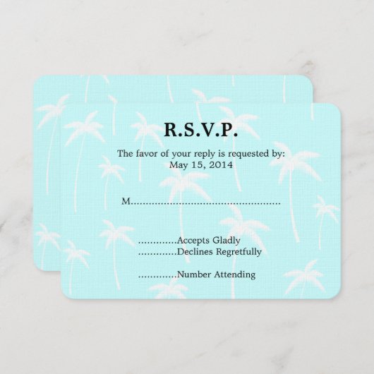 Blauwe en witte palmbomen bruiloft RSVP (Voorkant / Achterkant)