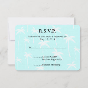 Blauwe en witte palmbomen bruiloft RSVP Kaartje