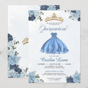 Blauwe en witte rozen Princess Quinceañera Birthda Kaart