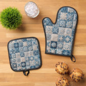 Blauwe en witte sneeuwvlok quilt ovenwant & pannenlap set (Top down)