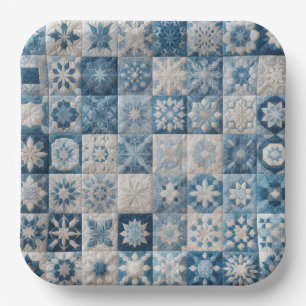 Blauwe en witte sneeuwvlok quilt papieren bordje
