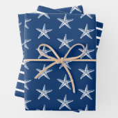 Blauwe en witte Starfish Nautical Stripe Inpakpapier Vel (In situ)