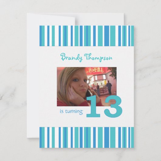 Blauwe en witte streep 13e verjaardag uitnodiging (Voorkant)