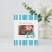 Blauwe en witte streep 13e verjaardag uitnodiging (Staand voorkant)