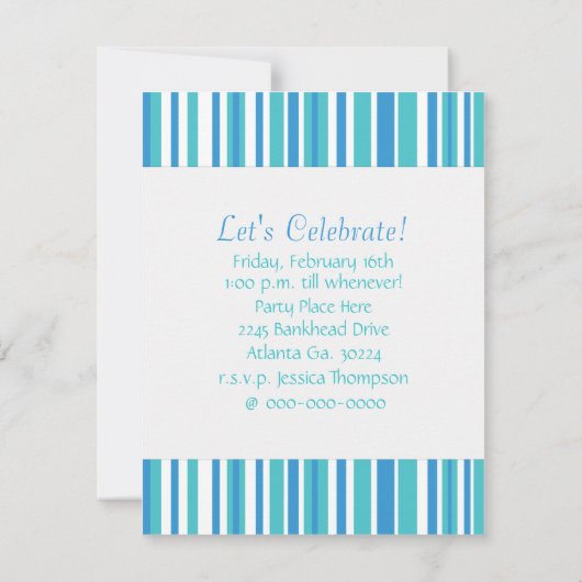 Blauwe en witte streep 13e verjaardag uitnodiging (Achterkant)
