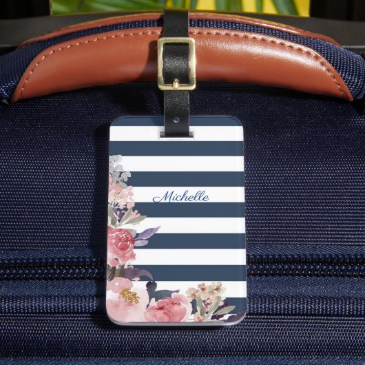 Blauwe en witte streep monogrammen bagagelabel (Voorkant Insitu 2)