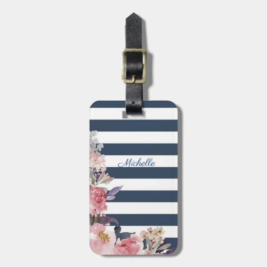 Blauwe en witte streep monogrammen bagagelabel (Voorkant verticaal)