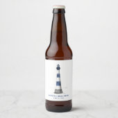 Blauwe en Witte Streep Vuurtoren Bruiloft Bier Etiket (Voorkant)