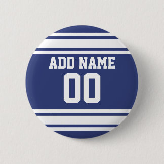 Blauwe en witte strepen met naam en nummer ronde button 5,7 cm