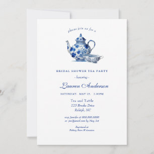 Blauwe en witte Teapot Bridal Shower Invitation Kaart