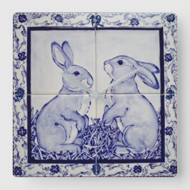 Blauwe en witte Tegel van Bunny Rabbit Clock Dedha Vierkante Klok