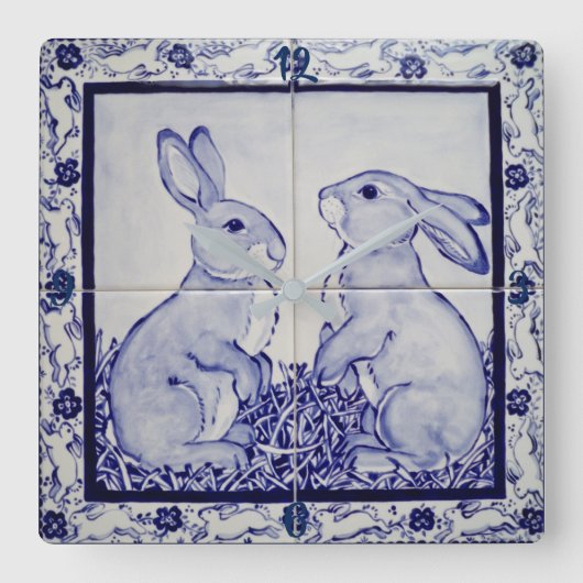 Blauwe en witte Tegel van Bunny Rabbit Clock Dedha Vierkante Klok (Voorkant)