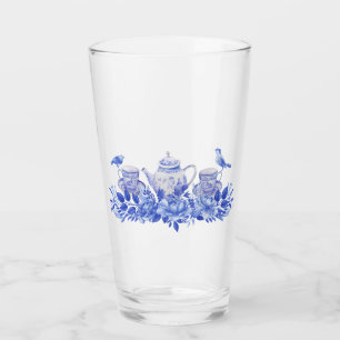 Blauwe en witte thee set met vogels glas