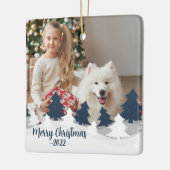 Blauwe en witte tweetalige kerstbomen keramisch ornament (Links)