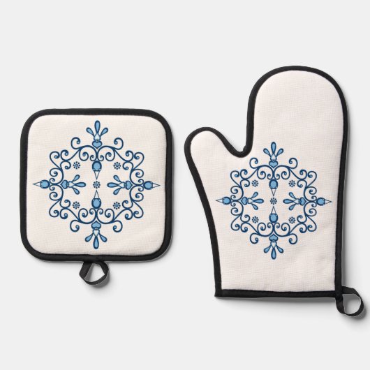 Blauwe en witte vogels scroll patroon ovenwant & pannenlap set (Voorkant)