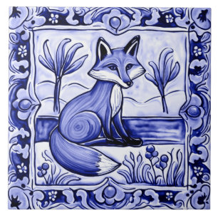 Blauwe en Witte Vos Mediterrane Folk Animal Art Tegeltje